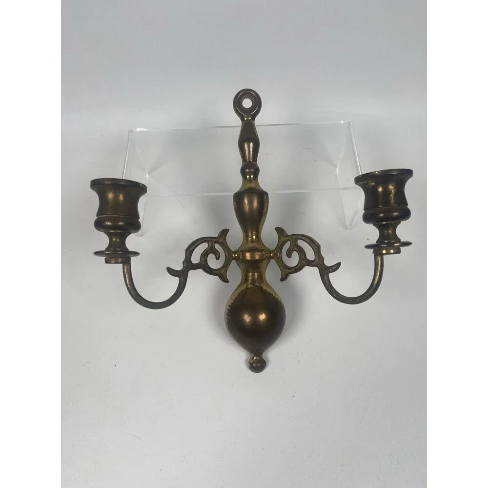 Double Candle Holders Brass 2 Arm Wall Sconce Made In England Vintage Old Brass